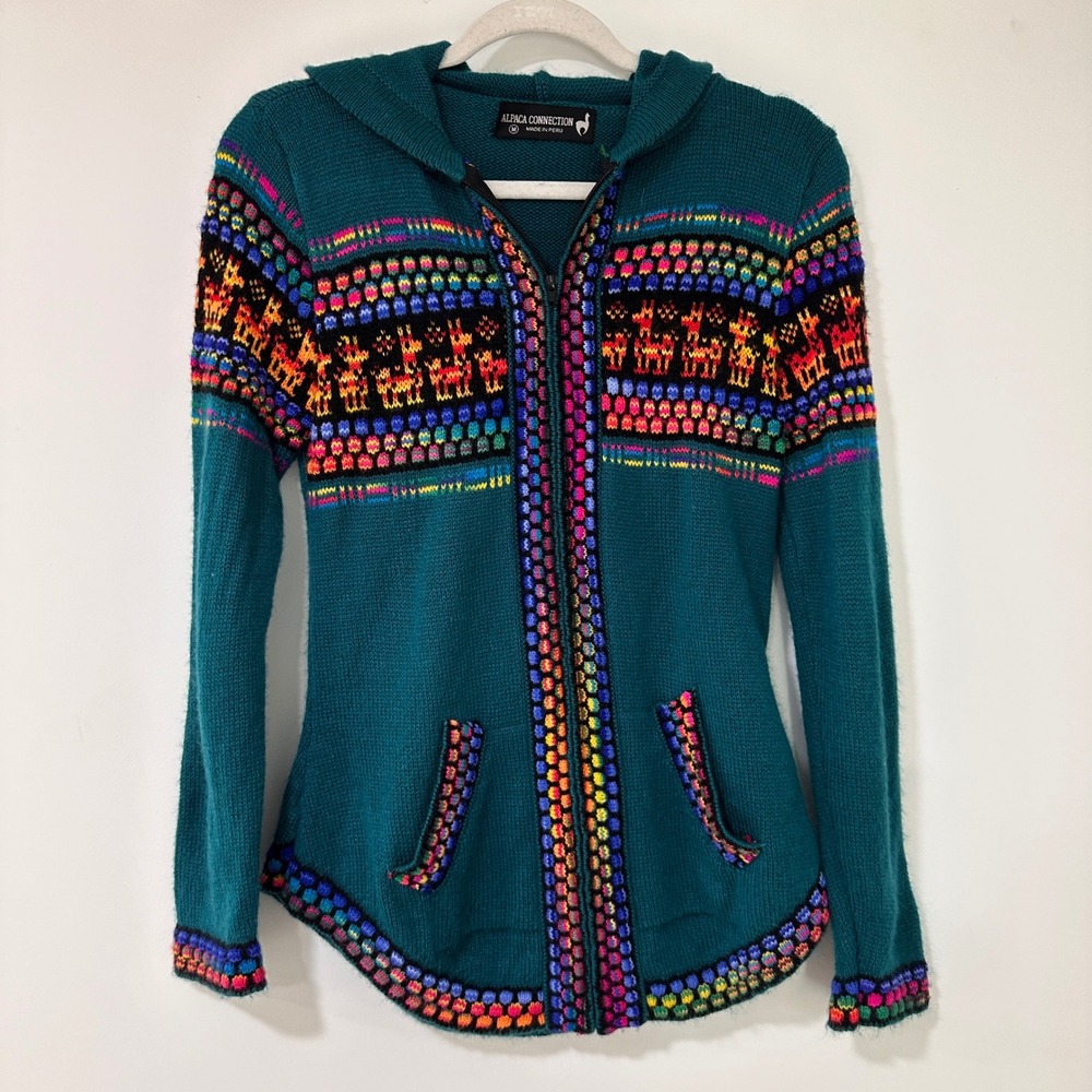Alpaca Connection Peruvian Llama Zip Hoodie Womens Medium Teal Knit | Boho